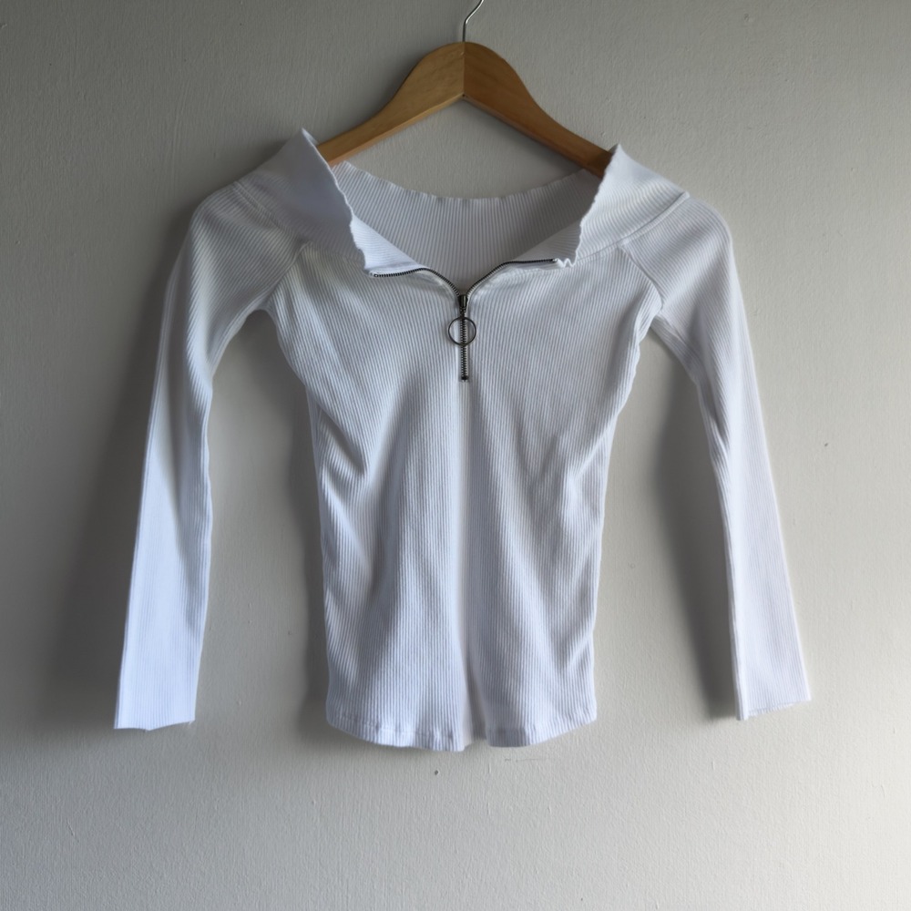 Free People Ribbed Off Shoulder Zip Front Top Womens Small White Balletcore Slim